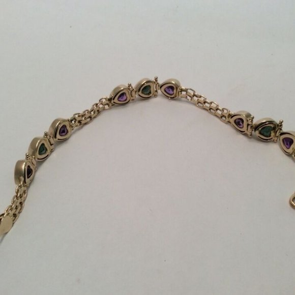 14k Solid Yellow Gold Bismark  Bizmark Heart CZ Purple Green Lady Bracelet 15.8g - Picture 5 of 9